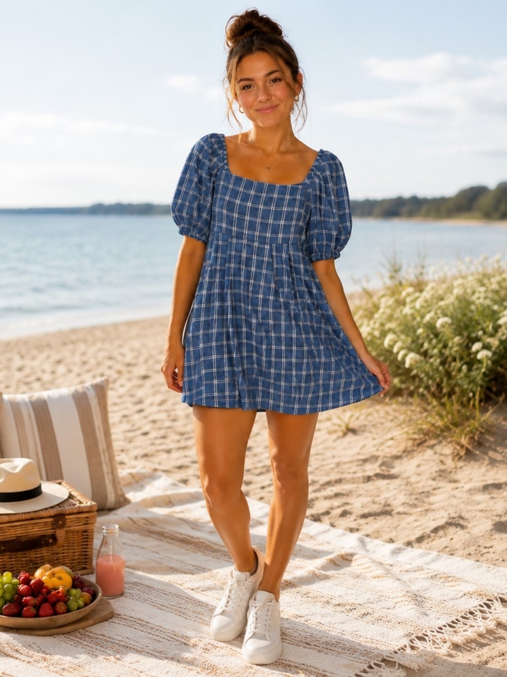 Fashion Nova Blue Plaid Puff-Sleeve Mini Dress Size L